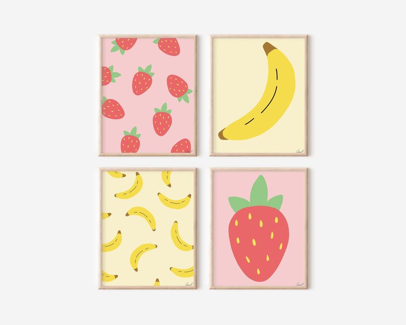 Strawberries and Bananas Art Set of 4 printable art by Cristina Carolina