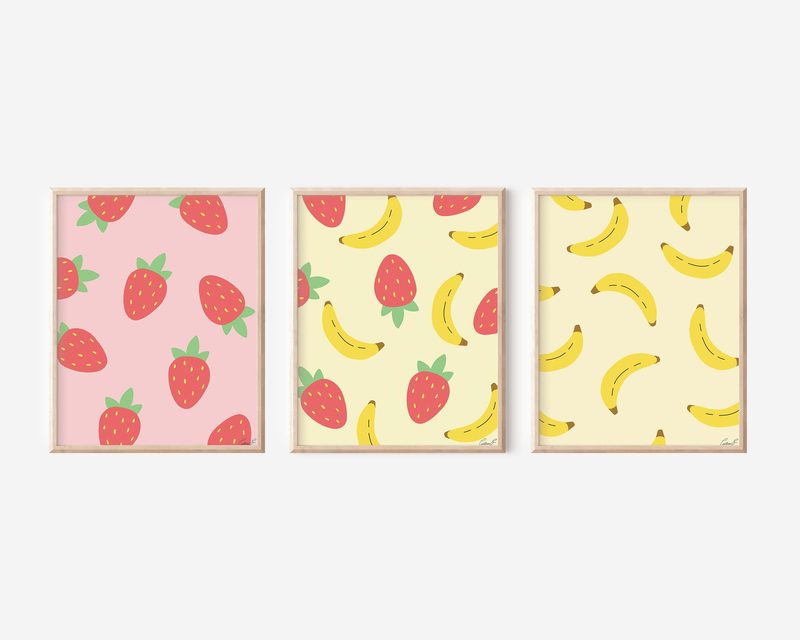 Strawberries and Bananas Art Set of 3 printable art by Cristina Carolina