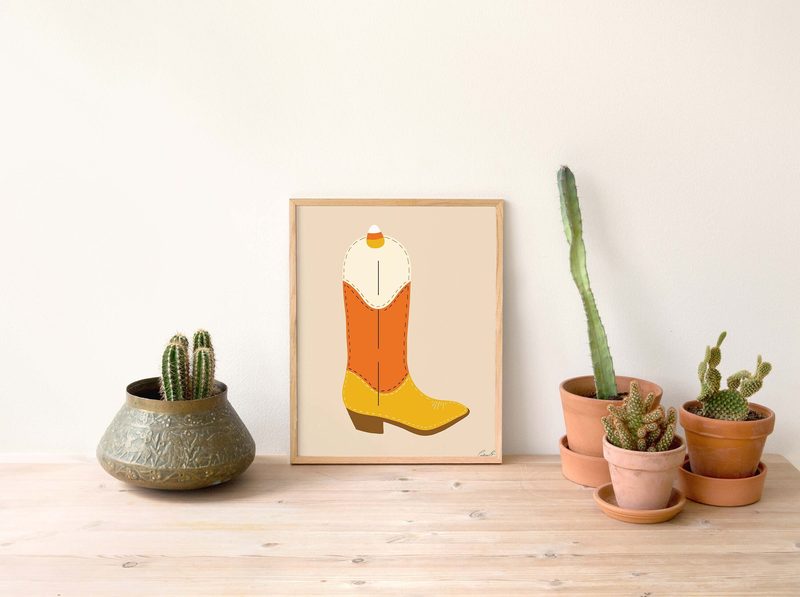 Candy Corn Cowgirl Boots art print by Cristina Carolina