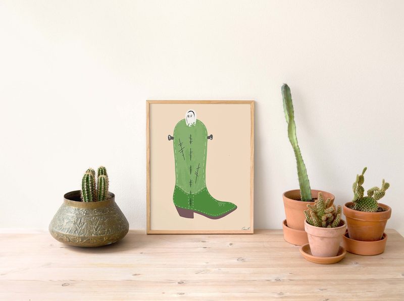 Frankenstein Cowgirl Boots art print by Cristina Carolina