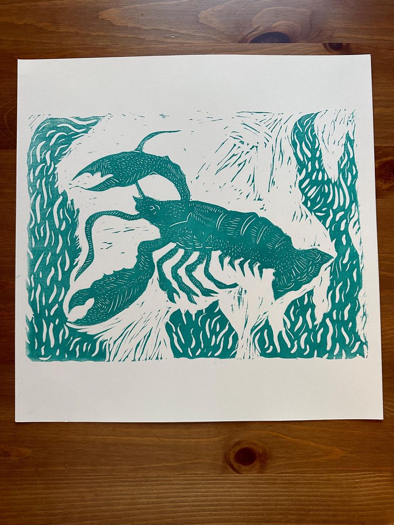 Aqua Lobster (hand-printed) art print by Cristina Carolina